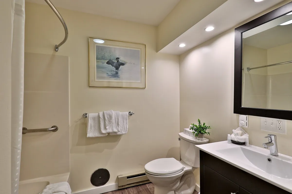 A bright, modern bathroom featuring a sleek vanity, relaxing tub/shower combination, clean towels, and tasteful framed artwork. Lush greenery adds a calming touch to this refreshingly organized space.